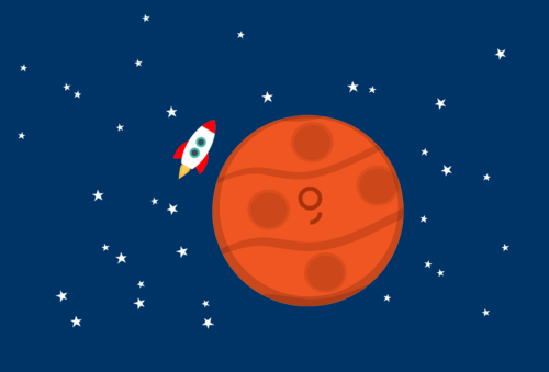 a small rocket flying around a planet with the George logo