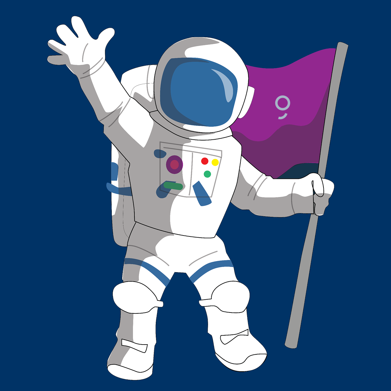 Illustration of an astronaut waving and holding a flag.